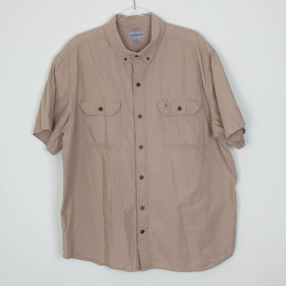 Carhartt Mens Relaxed Fit Button Up Shirt Size 2XL Tan Short Sleeve‎ Outdoors